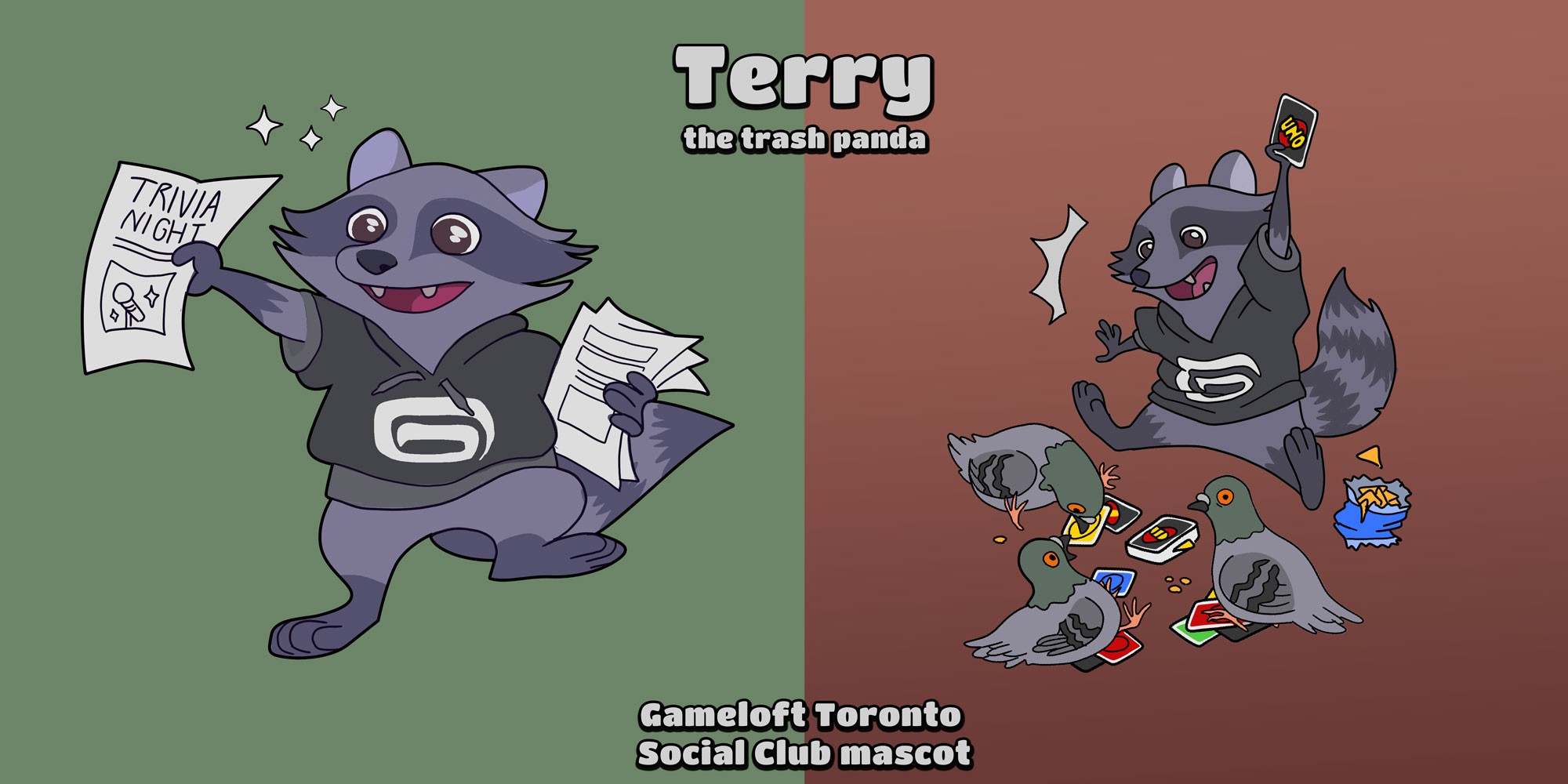 Terry the Trashpanda, depicted handing out flyers and playing Uno with Pigeons